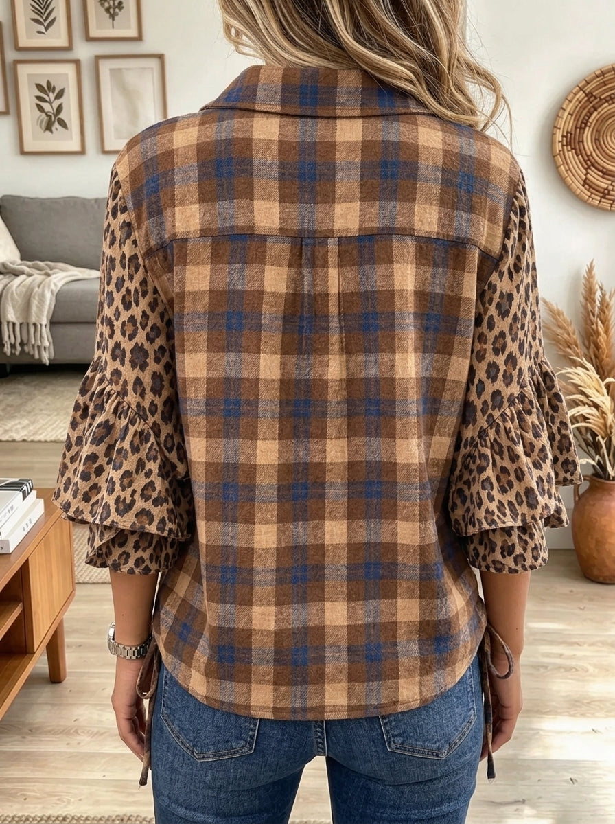 Women's Plaid Leopard Ruffle Shirt