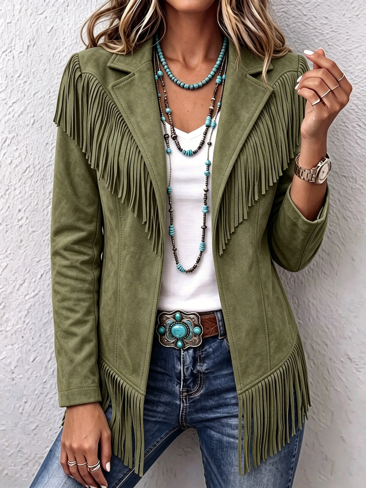 Women Western Faux Suede Fringe Lapel Long Sleeve Jacket