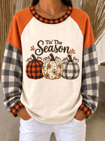Women Tis The Season Pumpkin Plaid Raglan Sleeve Fall Sweatshirt