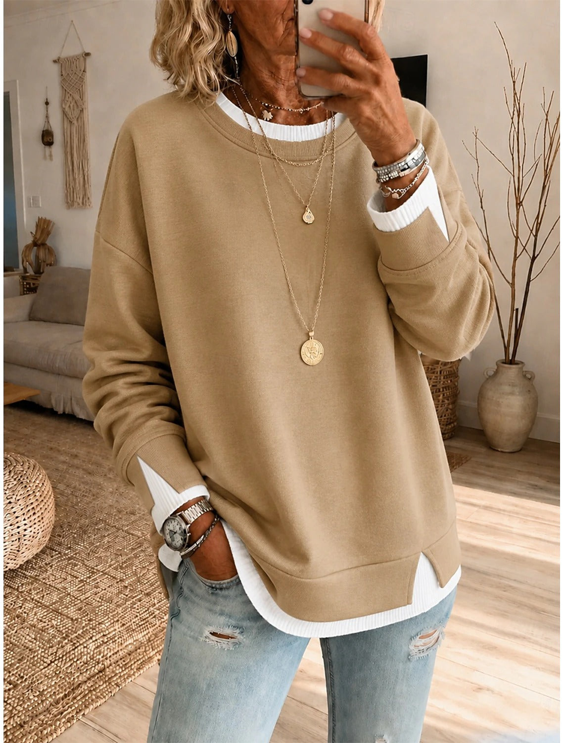 Women's Khaki Pullover Hoodie, Drawstring Causal Crewneck Sweatshirt With Pocket
