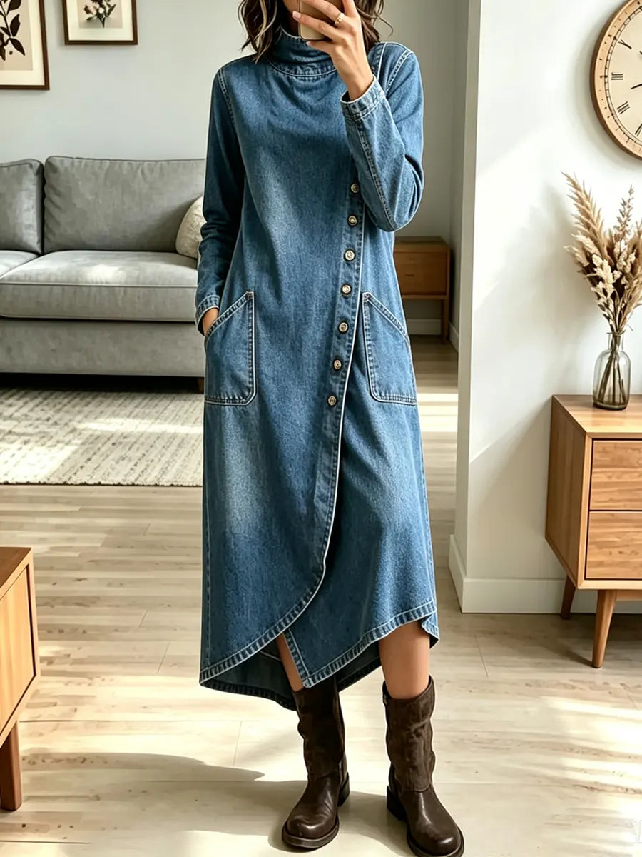 Vintage Turtleneck Asymmetrical Hem Art Casual Long Sleeve Stylish Denim Dress
