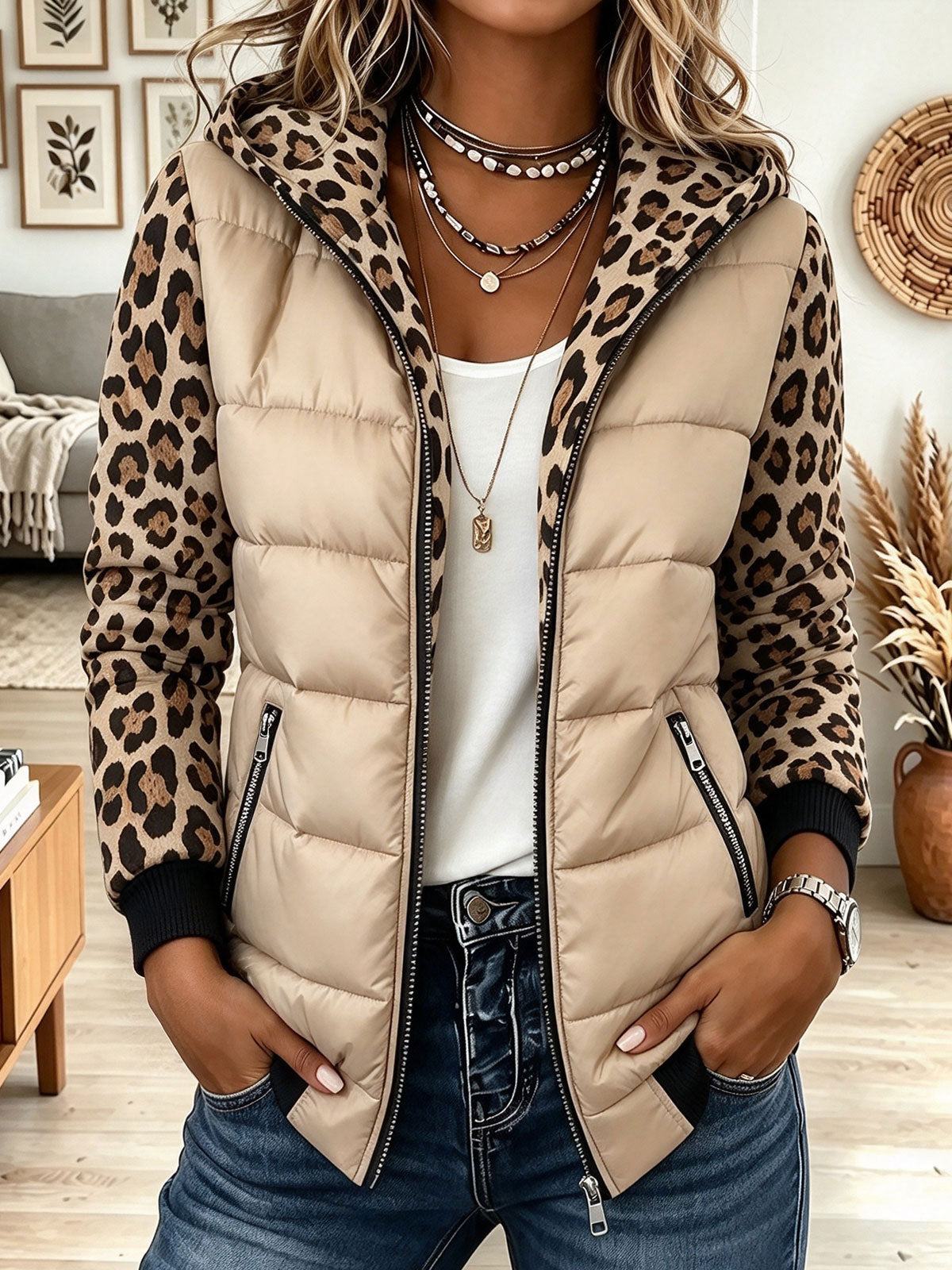 Women's Beige Puffer Winter Jacket Coat with Leopard Print Hood and Sleeves