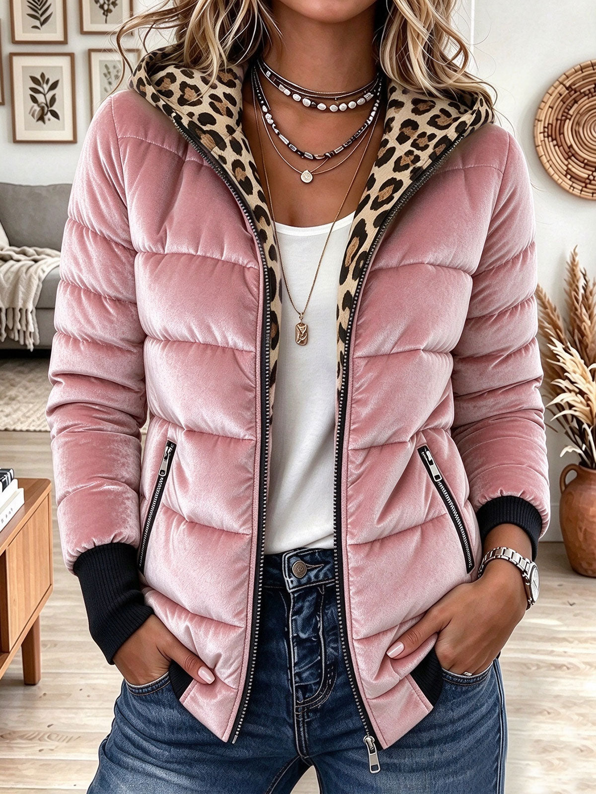 Women's Pink Velvet Puffer Jacket with Leopard Print Hood and Trim