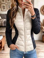 Women's Beige and Black Colorblock Quilted Zip-Up Puffer Jacket
