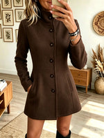 Women's Stand Collar Button-Front Woolen Coat Dress