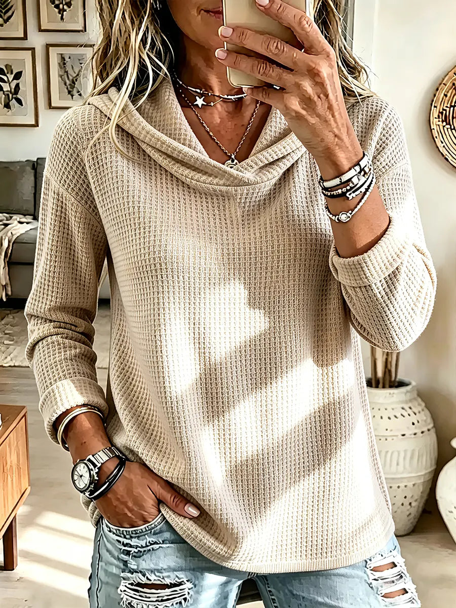 Vintage Elegant Hooded Waffle-knit Shirt