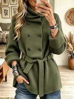 Women's Double-Breasted Belted Ribbed Knit Cardigan