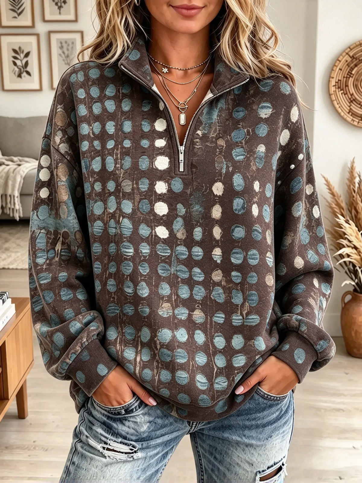 Women's Abstract Polka Dot Half-Zip Fleece Sweatshirt
