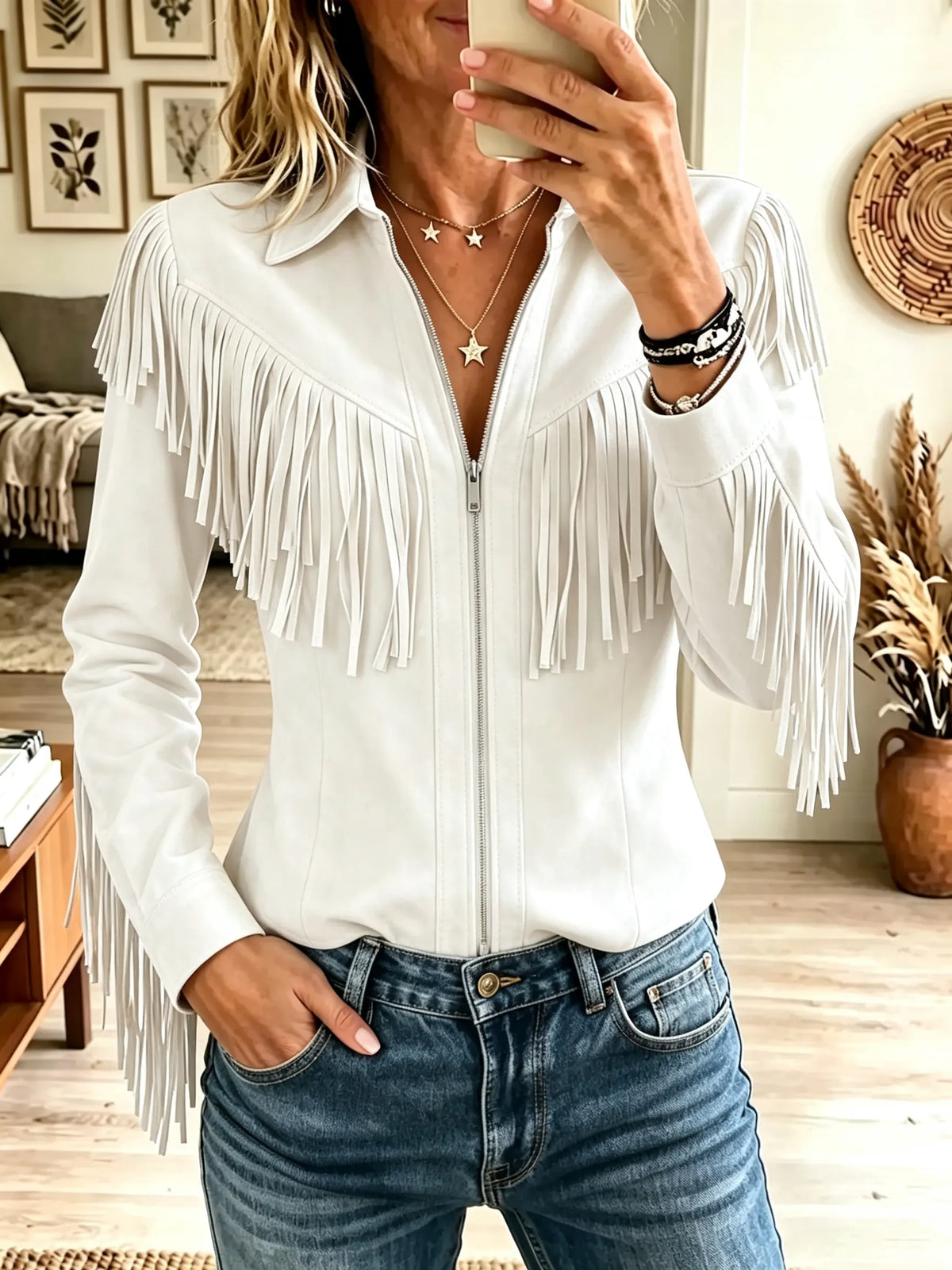 Women's Western Fringe Full-Zip Faux Suede Jacket