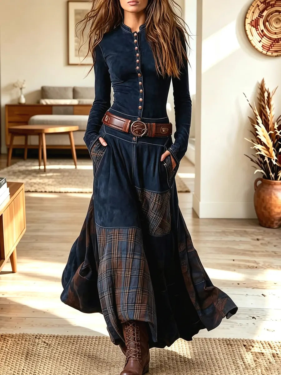 Vintage Plaid Patchwork Art Casual Stylish Long Sleeve Long Dress