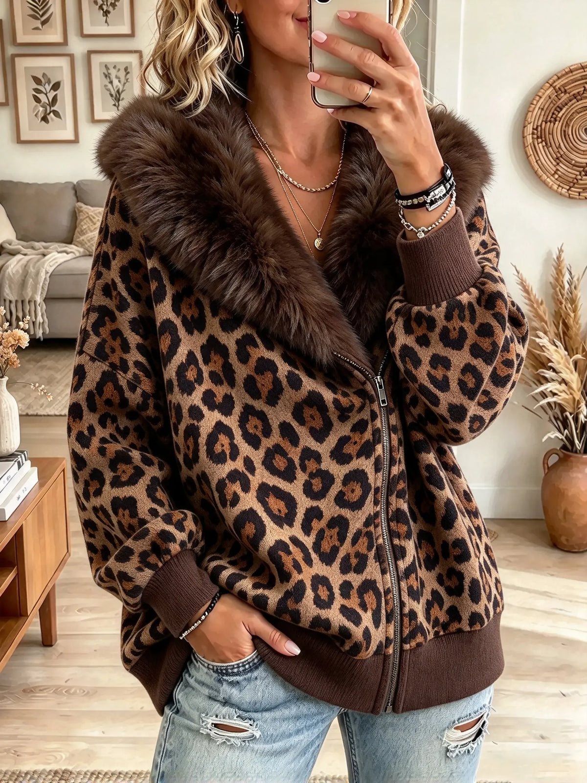 Women's Leopard Faux Fur Collar Zip-Up Fleece Jacke
