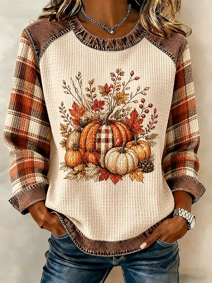 Women Cream Waffle Knit Pumpkin Plaid Raglan Ruffle Trim Top