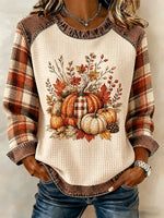 Women Cream Waffle Knit Pumpkin Plaid Raglan Ruffle Trim Top