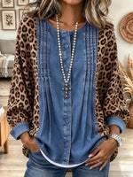 Women's Retro Leopard Print Denim Patchwork Top