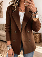 Women Mixed Media Blazer, Knit Sleeve Double‑Breasted Lapel Wool‑Blend Jacket