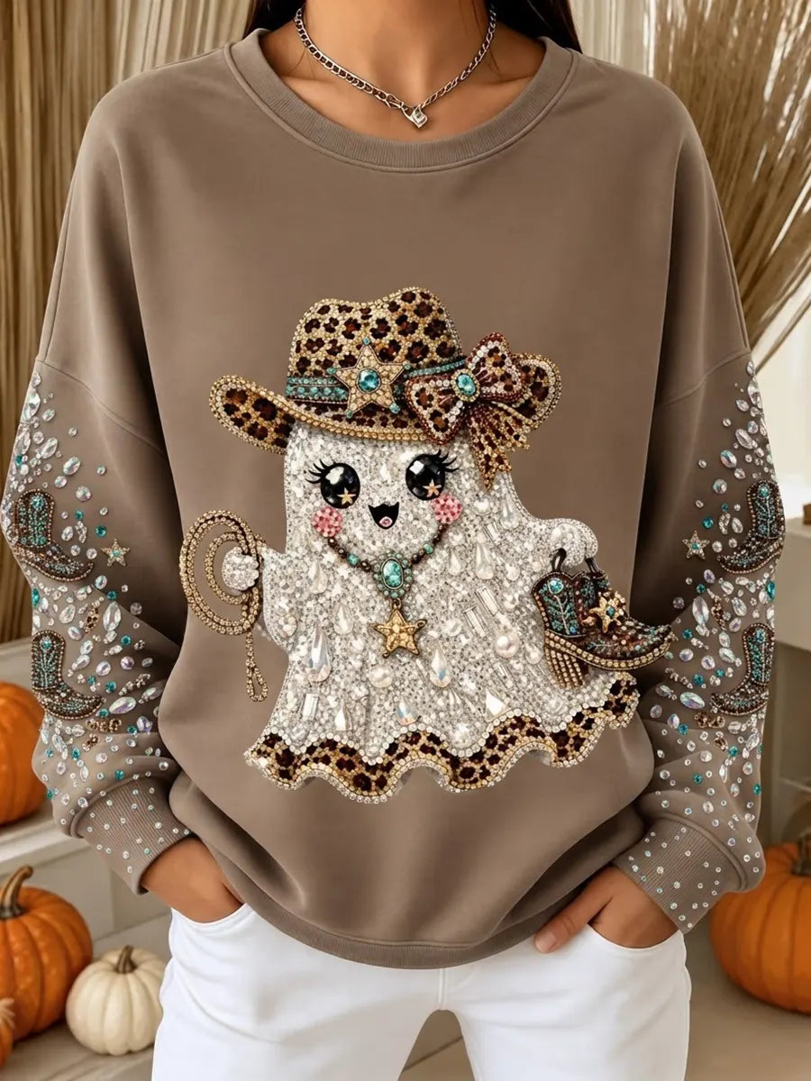 Vintage Autumn Halloween Cowboy Ghost Art Print Crewneck Sweatshirt