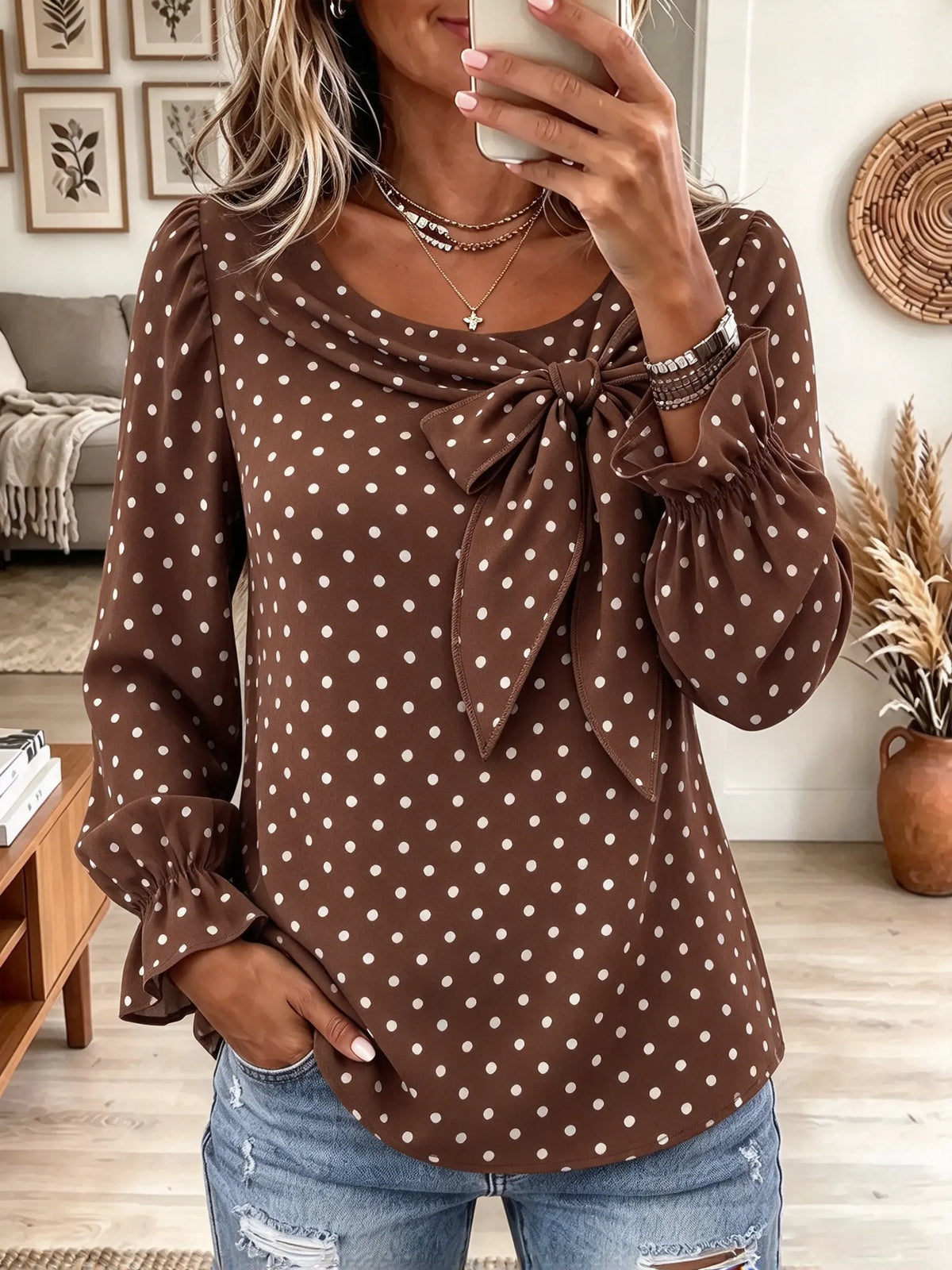 Women's Polka Dot Bow Tie Blouse