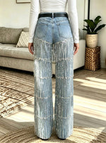 Women's Tiered Rhinestone Fringe Wide-Leg Denim Jeans