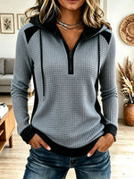 Women's Colorblock Half Zip Hoodie, Waffle Knit Long Sleeve Pullover Sweatshirt