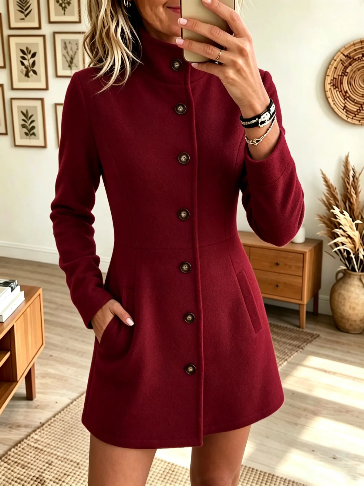 Women's Stand Collar Button-Front Woolen Coat Dress