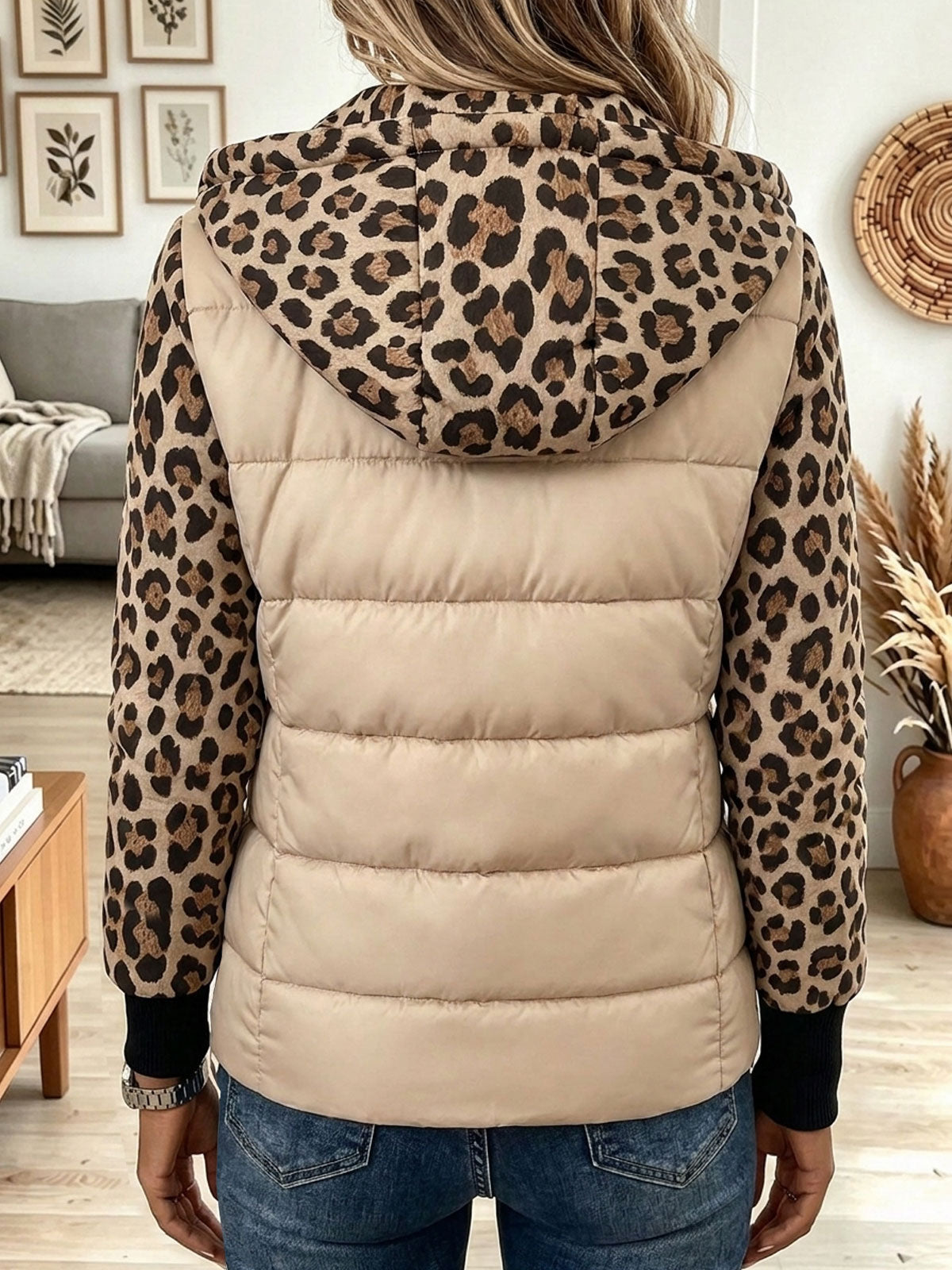 Women's Beige Puffer Winter Jacket Coat with Leopard Print Hood and Sleeves