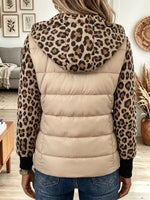 Women's Beige Puffer Winter Jacket Coat with Leopard Print Hood and Sleeves
