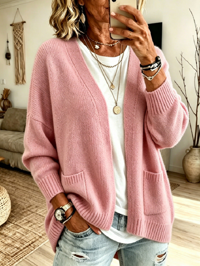 Women's Pink Chunky Knit Open Cardigan, Oversized Button Front Loose Long Sleeve Sweater Coat