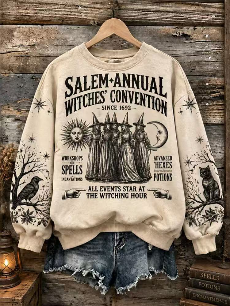 Women's Salem Witches Convention Graphic Sweatshirt, Halloween Vintage Print Long Sleeve Pullover