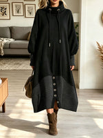 Women's Funnel Neck Sweatshirt Dress, Striped Hem Button Balloon Sleeve Tunic Dress