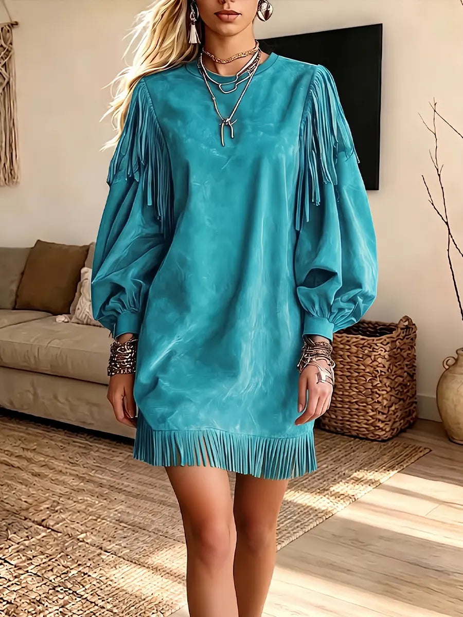 Vintage Elegant Suede Patchwork Tassels Dress