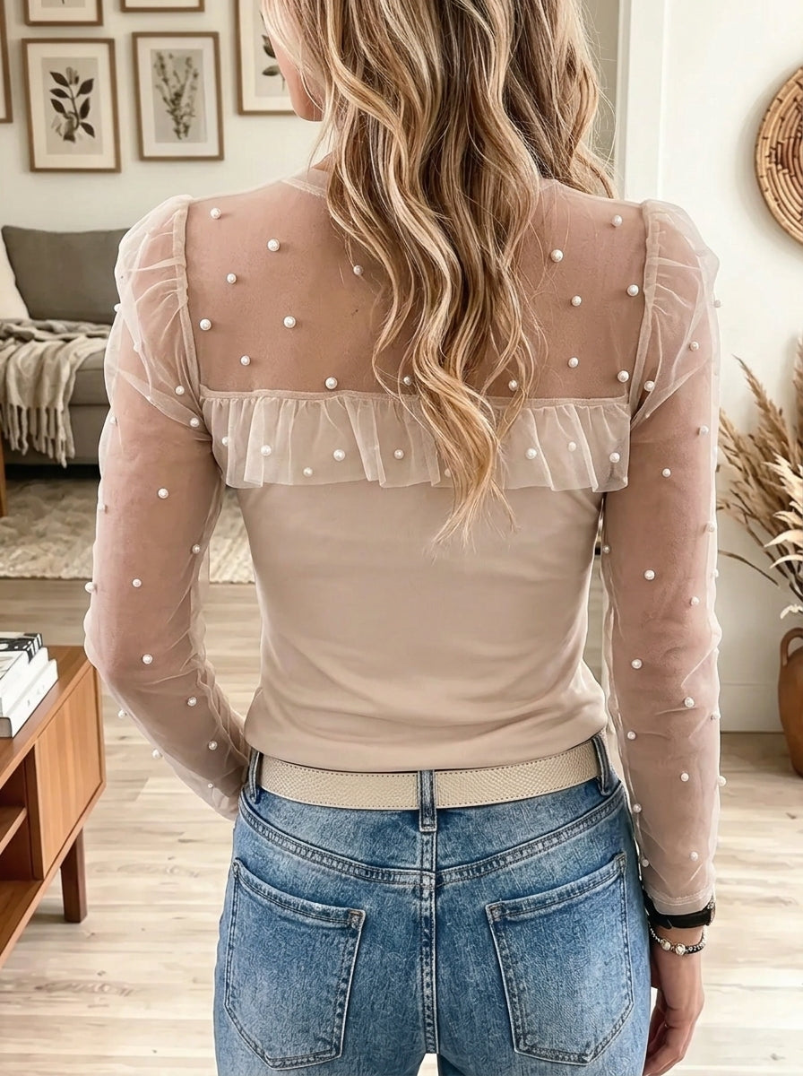 Women's Beaded Mesh Ruffle Blouse