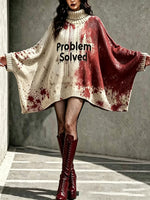 Women Halloween Blood Splatter Print Turtleneck Poncho Sweater