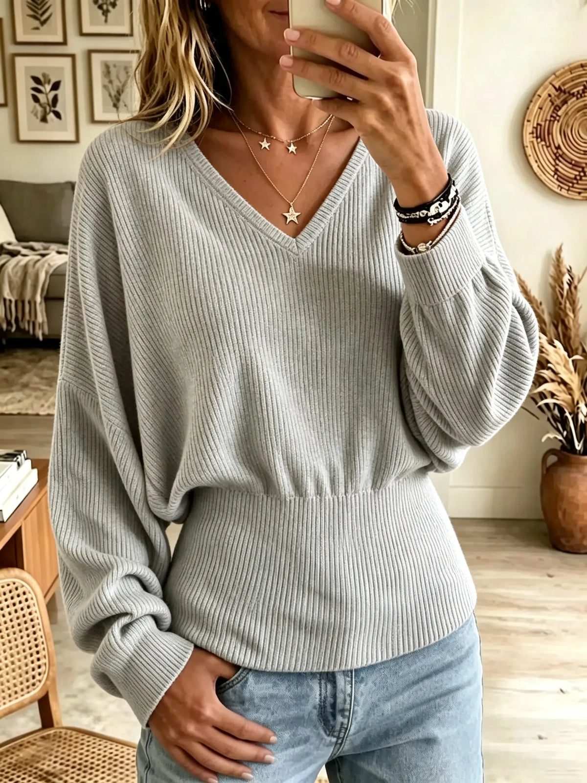 Women's Batwing Sleeve Fitted Waist Ribbed Sweater