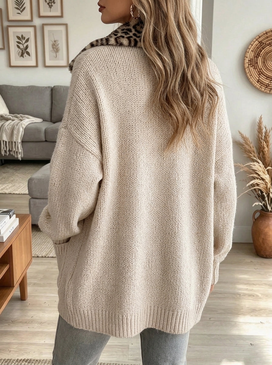Women's Leopard Collar Ribbed Cardigan