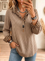Women's Western Plaid Leopard Spliced Henley Blouse - Casual Loose Fit Button Tunic Top