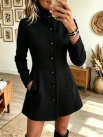 Women's Stand Collar Button-Front Woolen Coat Dress