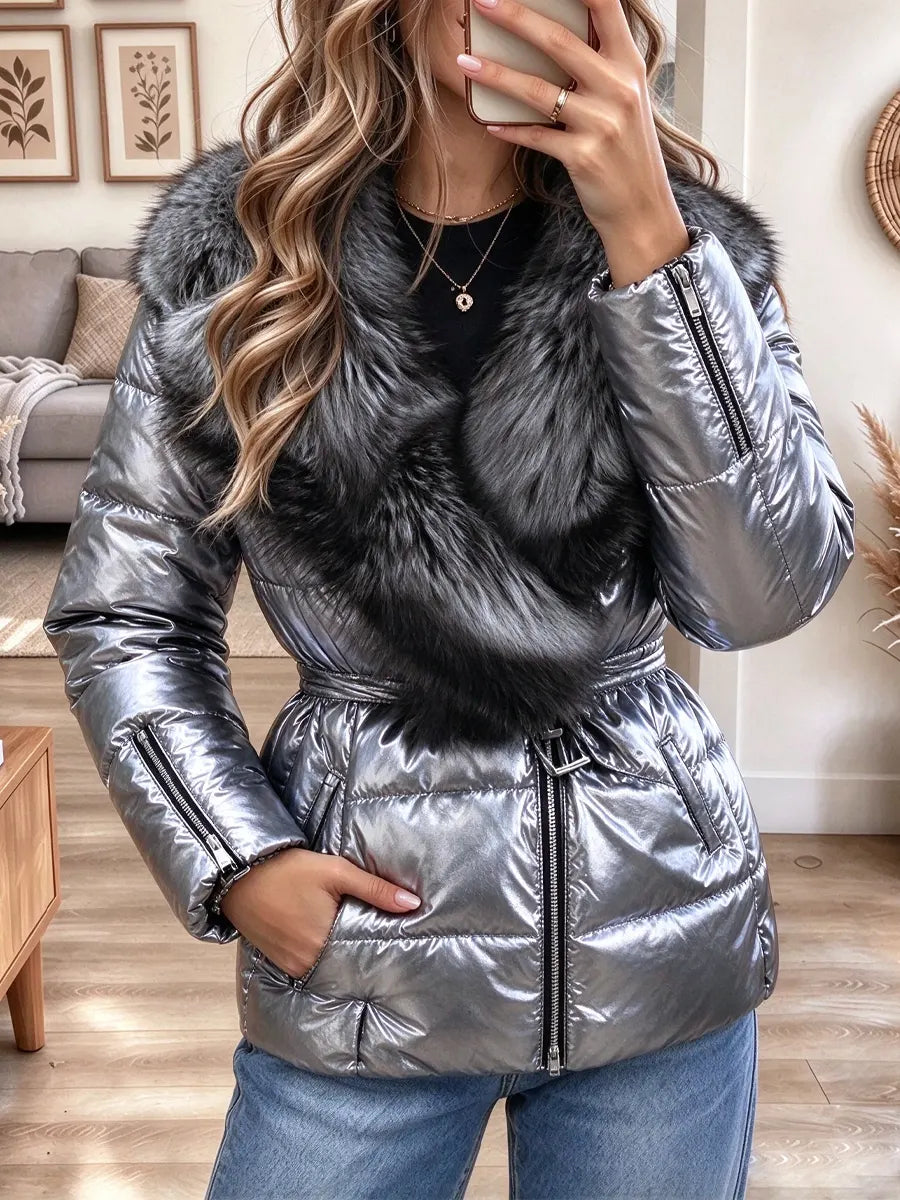 Retro Cozy Fur Art Zip Casual Stylish Long Sleeve Padded Jacket