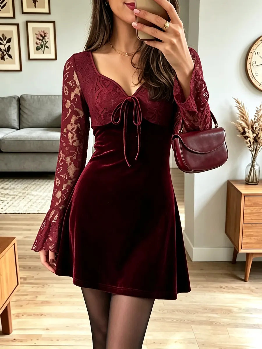 Vintage Lace Patchwork Art Casual Stylish Long Sleeve Mini Velvet Dress