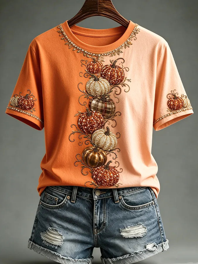 Women Gradient Orange Pumpkin Rhinestone Embroidery Short Sleeve T-shirt