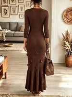 Women's 3D Floral Applique Ribbed Mermaid Maxi Dress