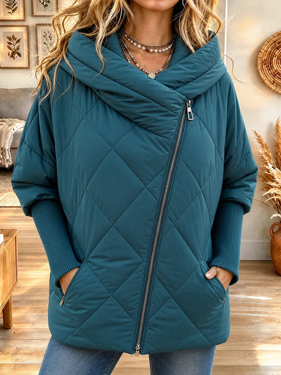 Women's Zippered Diamond Patterned Hooded Cotton Jacket
