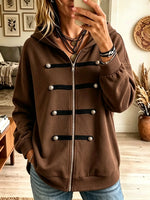 Women's Military Frog Button Zip-Up Hooded Sweatshirt