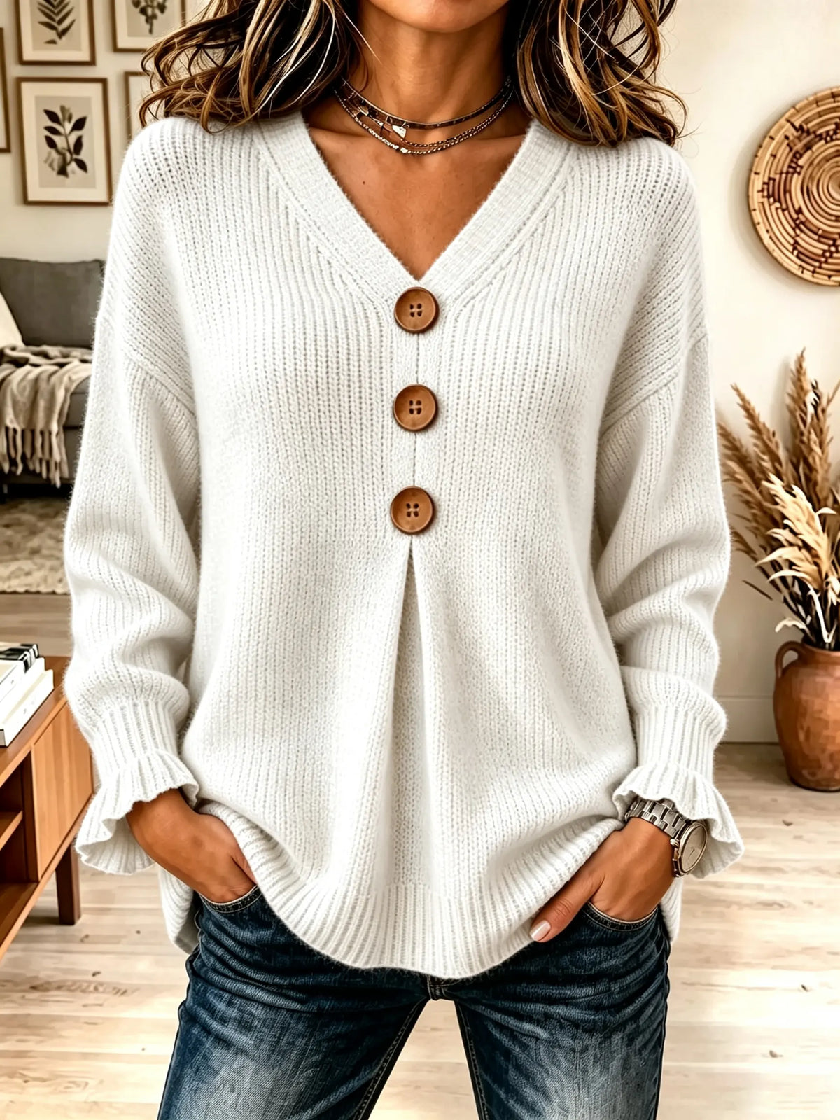 Women's Big Button Pleated V-Neck Knit Sweater