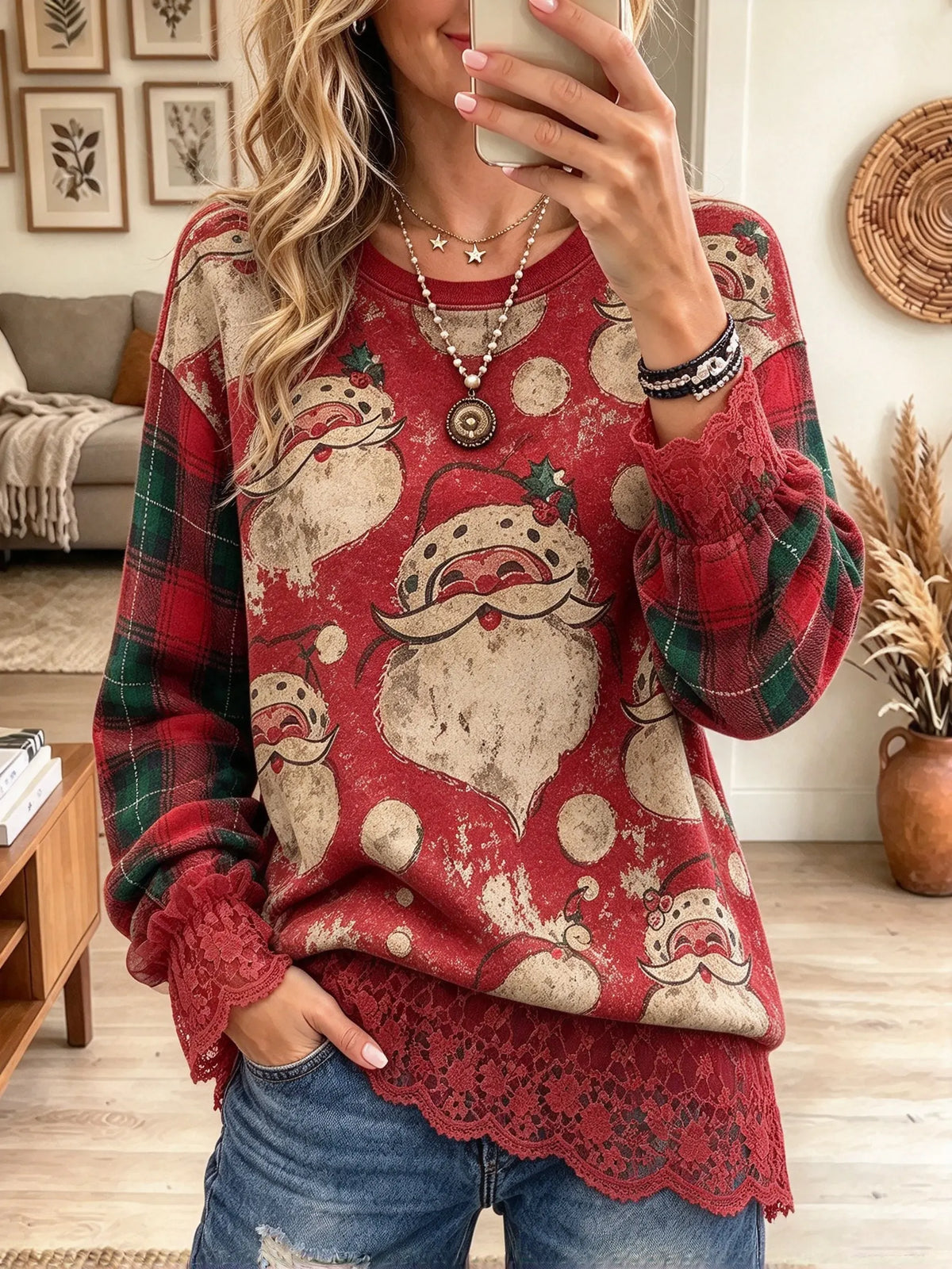 Women's Santa Claus Print Lace Sweatshirt