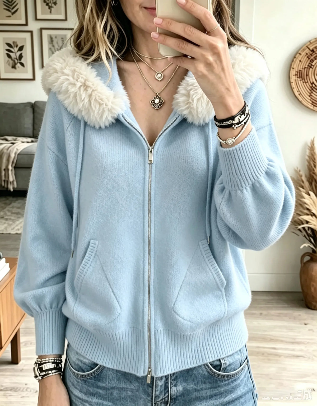 Women's Faux Fur Hooded Full-Zip Knit Cardigan
