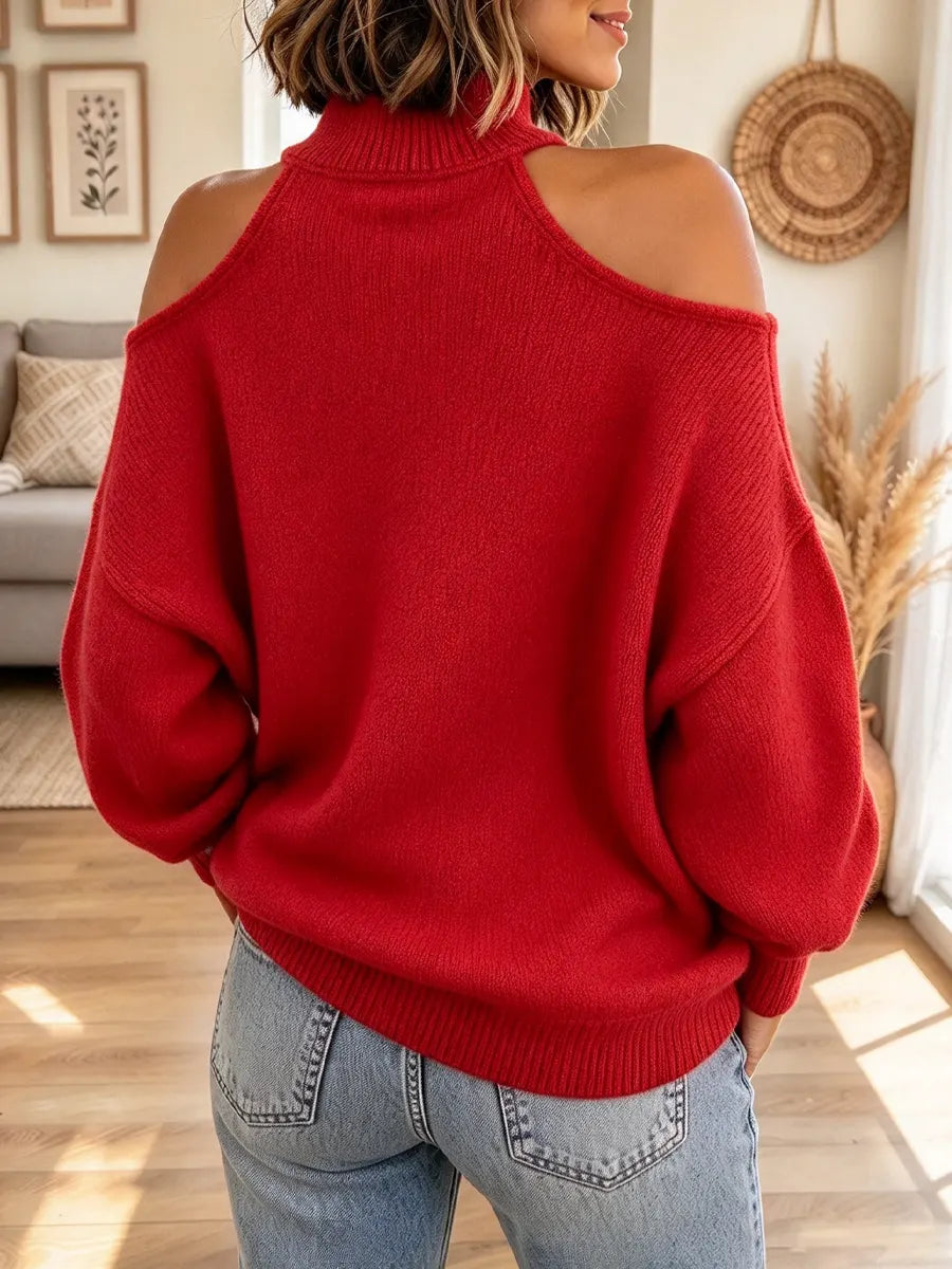 Retro Bow Off-shoulder Turtleneck Art Casual Stylish Long Sleeve Sweater