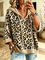 Women Leopard Print 3/4 Sleeve Hooded Knit Top