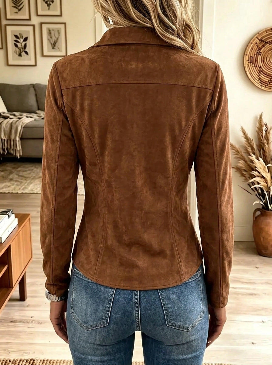 Women's Fringe Trim Button-Down Faux Suede Blouse
