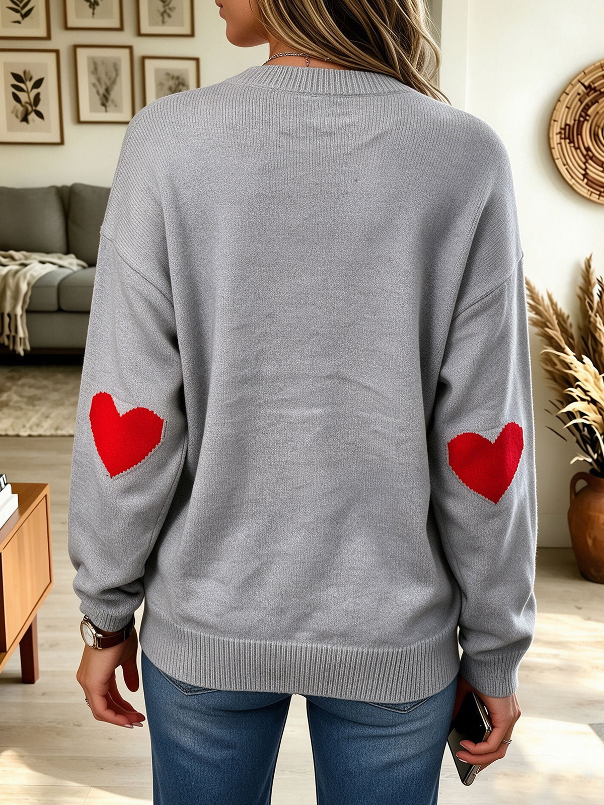 Women's Heart Graphic Knit Sweater, Long Sleeve Crew Neck Pullover