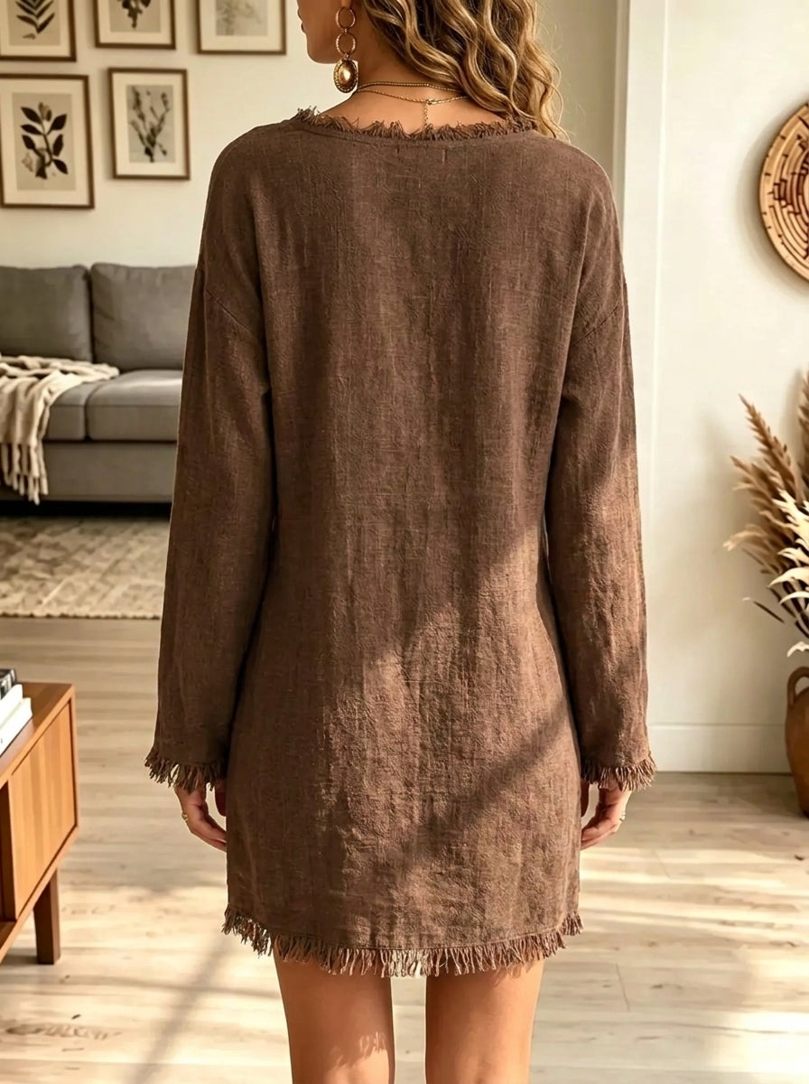 Women's Deep V-Neck Frayed Edge Linen Mini Shirt Dress